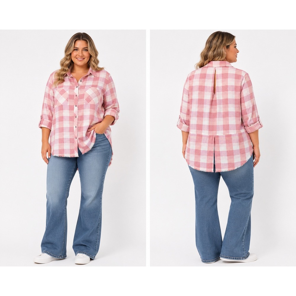White Birch Plaid Button Up Shirt 1X Pink White Frayed Hem Linen Blend